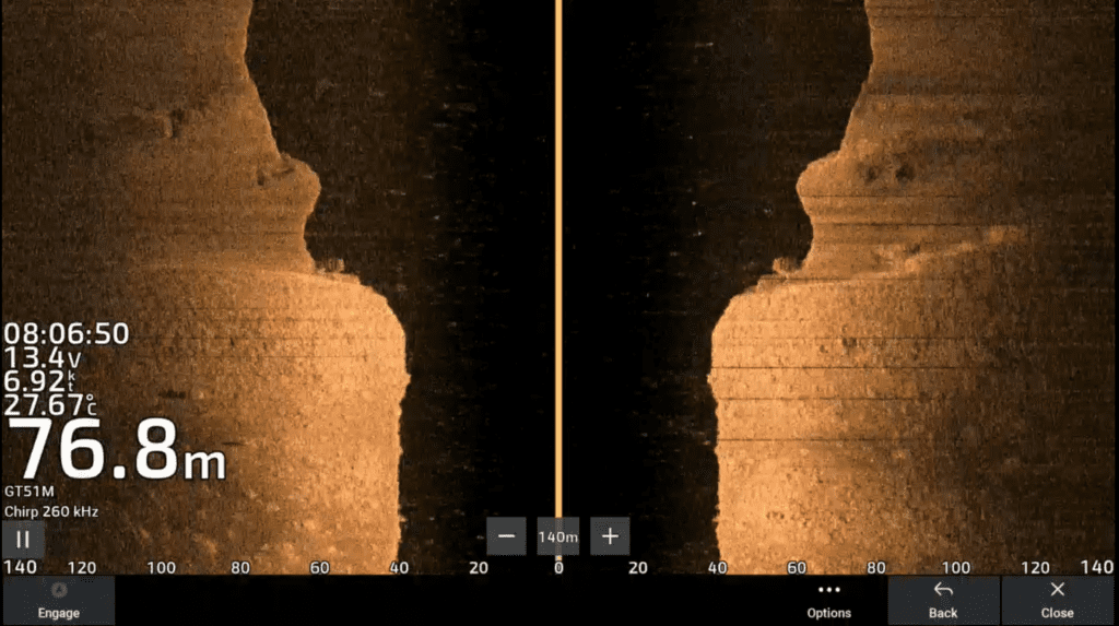 Garmin GT51 transducer screenshot showing 140 m range out to side in almost 80 metres of water. 