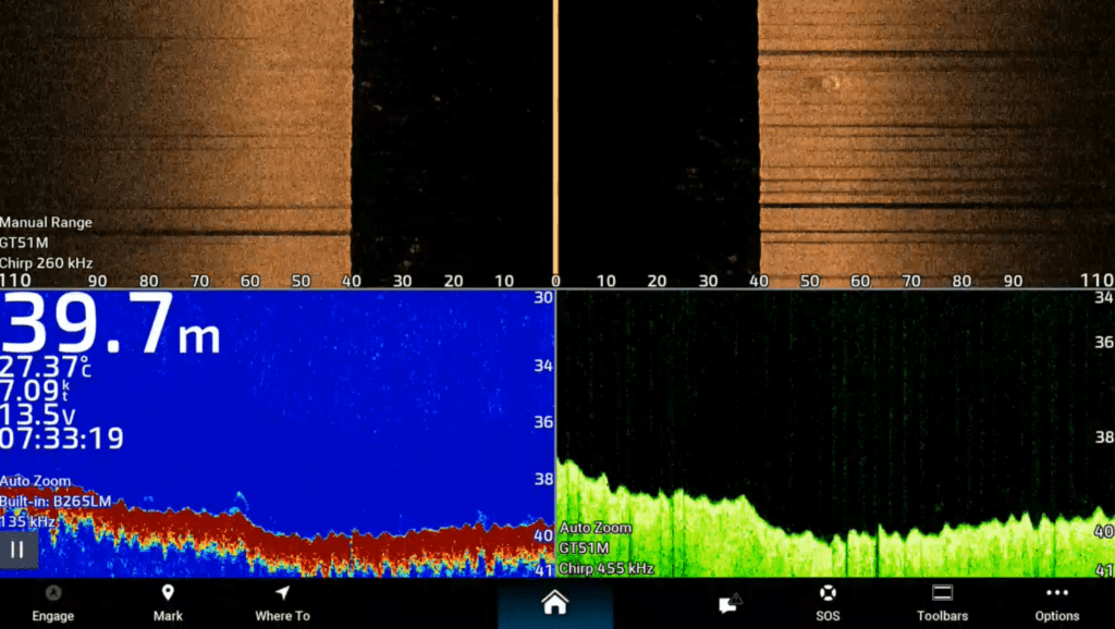 Garmin GT51 transducer finding a blemish out to the side.